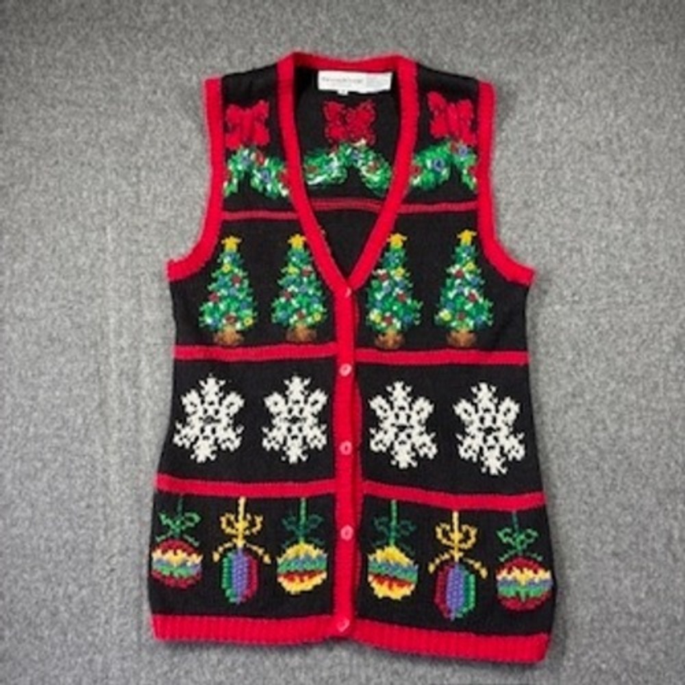 Vintage 1993 The Eagles Eye Christmas Vest Women Medium Black Knit Tree Ornament